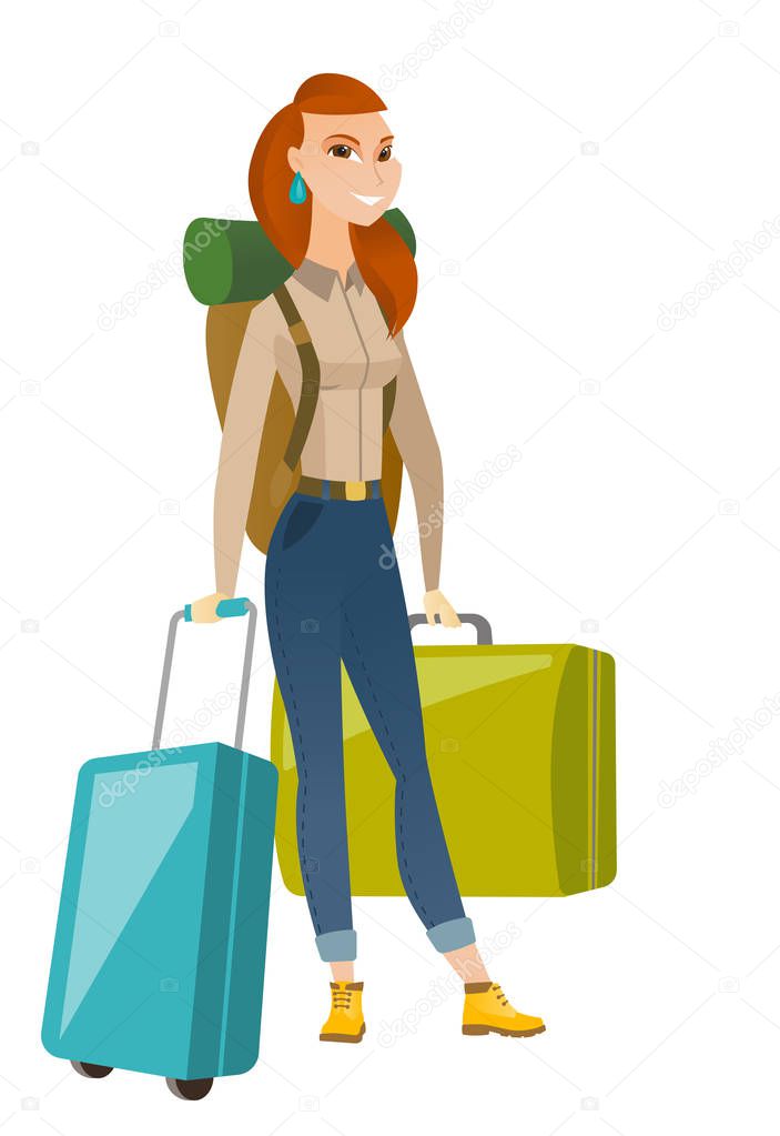 Young caucasian woman traveler with many suitcases