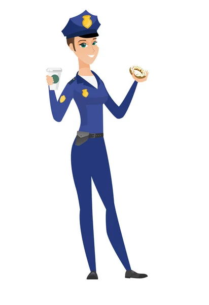 Γυναίκα αστυνομίας τρώγοντας ντόνατ και πίνοντας καφέ. — Διανυσματικό Αρχείο