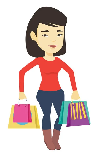 Ευτυχισμένη γυναίκα με εικονογράφηση διάνυσμα τσάντες για ψώνια — Διανυσματικό Αρχείο