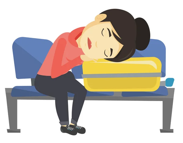 Uitgeput vrouw slapen op koffer op luchthaven. — Stockvector
