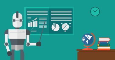 Robot öğretmen sınıfta işaretçisiyle ayakta.