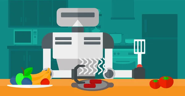 Robot ama de casa preparando el desayuno en la cocina . — Vector de stock