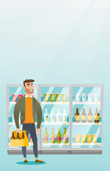 Homem com embalagem de cerveja no supermercado . —  Vetores de Stock