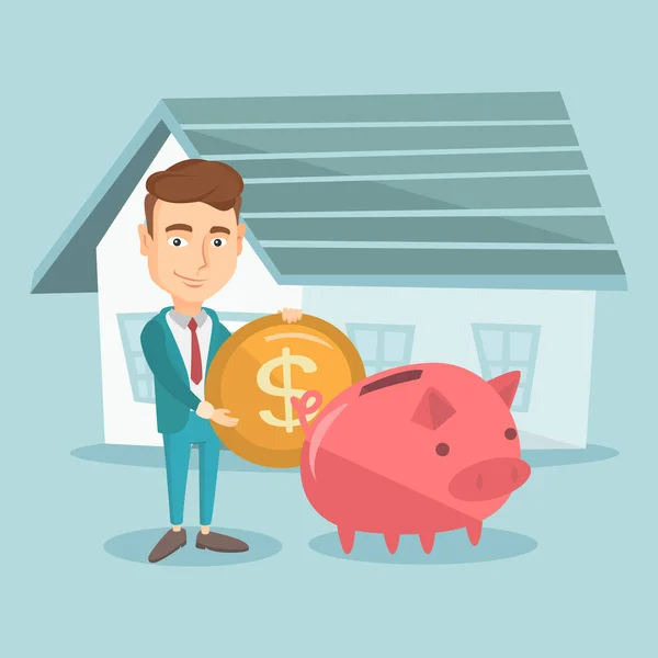 Mand sætter penge i sparegris bank til at købe hus . – Stock-vektor