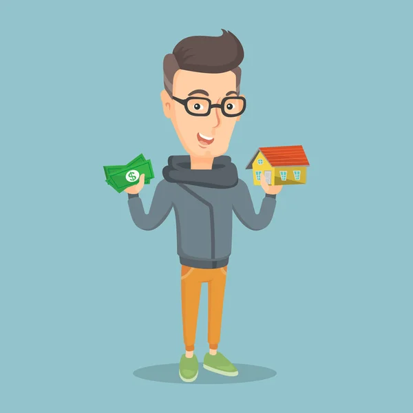 Καυκάσιος ο άνθρωπος Αγοράζοντας σπίτι χάρη σε δάνειο. — Διανυσματικό Αρχείο
