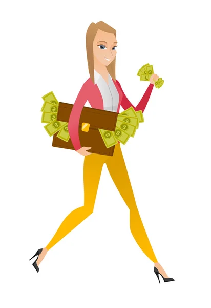 비즈니스 여성 가방에 돈이 가득. — 스톡 벡터