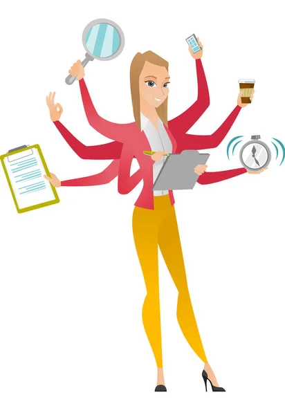 Birkóznak meg a multitasking üzletasszony. — Stock Vector