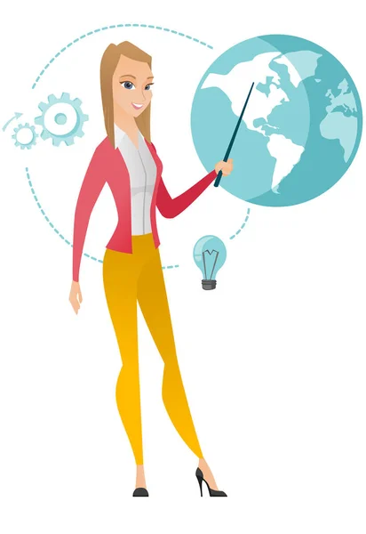 Kaukasische Geschäftsfrau zeigt auf einen Globus. — Stockvektor