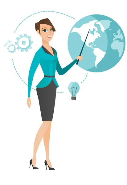 Femme d'affaires caucasienne pointant vers un globe . — Image vectorielle