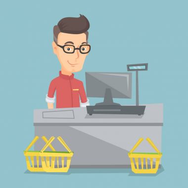 Bir süpermarkette kasiyer kasada duruyor..