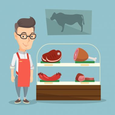 Bir butchershop içinde taze et sunan kasap.