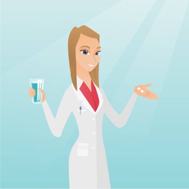 Eczacı hapları ve bir bardak su vererek.