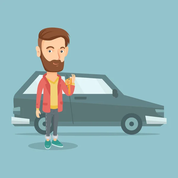 Man holding keys to his new car. — Stock Vector