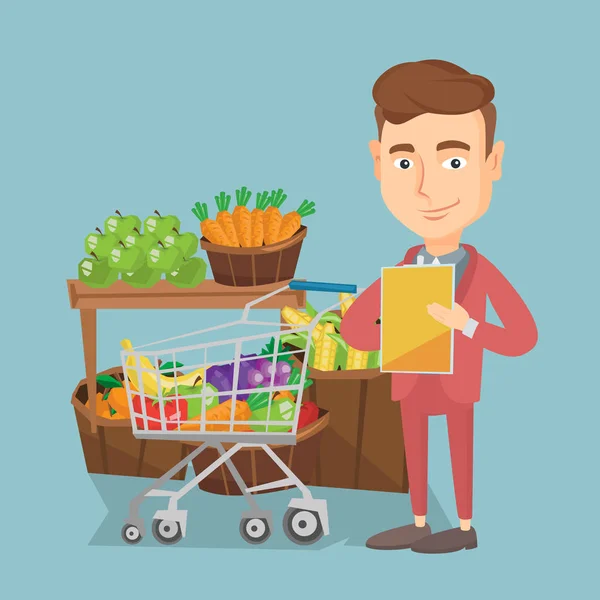 Hombre con una ilustración vectorial lista de compras . — Vector de stock