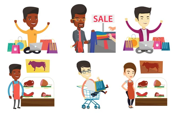 Vector set of shopping people characters. — Stock Vector