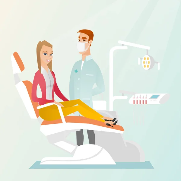 Ασθενή και το γιατρό στο γραφείο οδοντίατρος. — Διανυσματικό Αρχείο