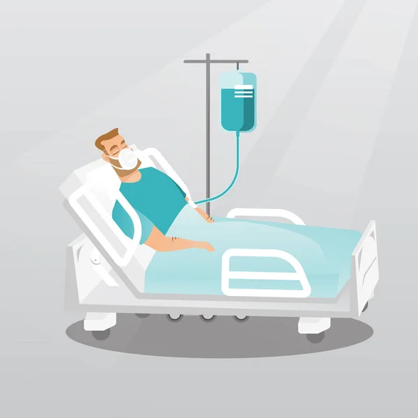 Paciente acostado en cama de hospital con máscara de oxígeno . — Vector de stock