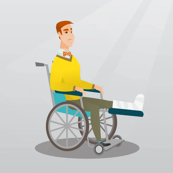 Hombre con la pierna rota sentado en una silla de ruedas . — Vector de stock