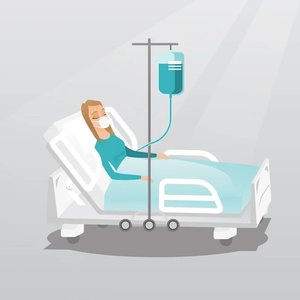 Paciente acostado en cama de hospital con máscara de oxígeno . — Vector de stock