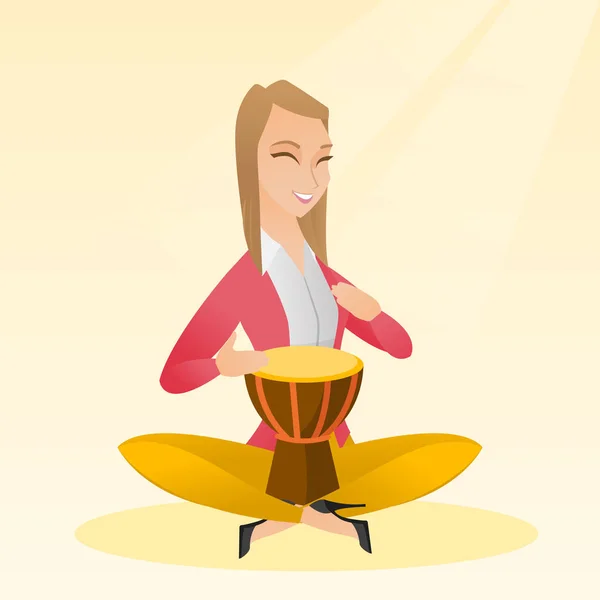 Mujer tocando el tambor étnico vector ilustración . — Vector de stock