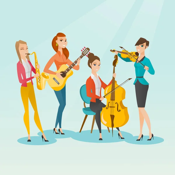 Banda de músicos tocando instrumentos musicales . — Vector de stock