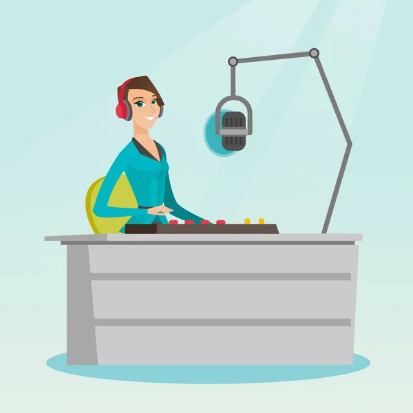 Жінка діджей працює на радіо Векторні ілюстрації — стоковий вектор