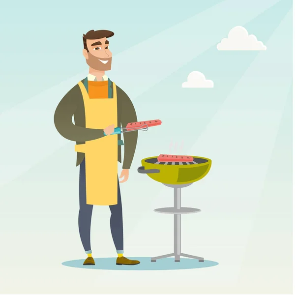 Man koken steak op barbecue grill. — Stockvector