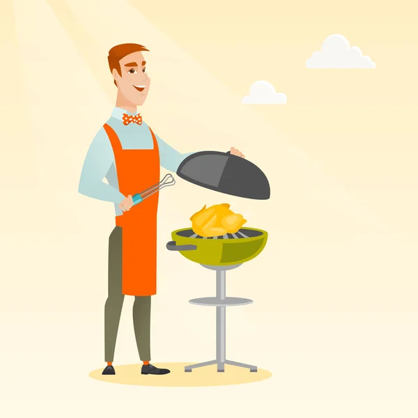 Homme cuisson poulet sur barbecue grill . — Image vectorielle