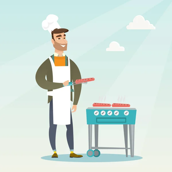 Man koken steak op barbecue grill. — Stockvector