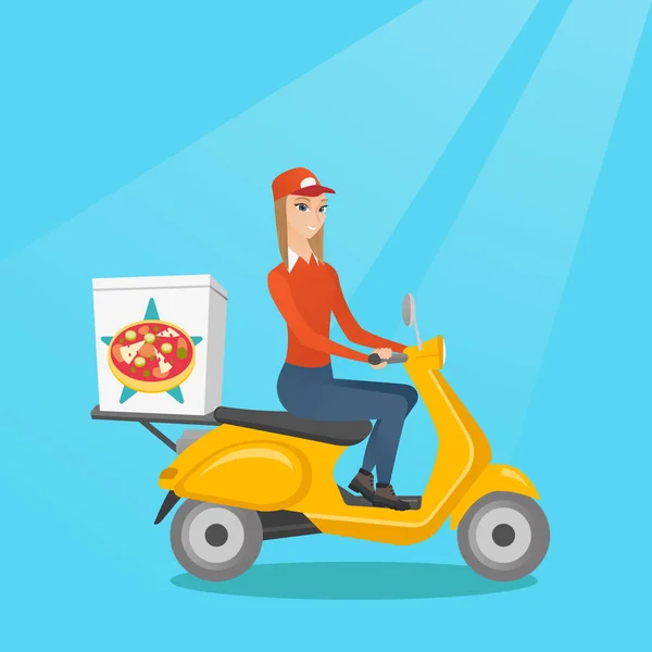 Vrouw leveren van pizza op scooter. — Stockvector