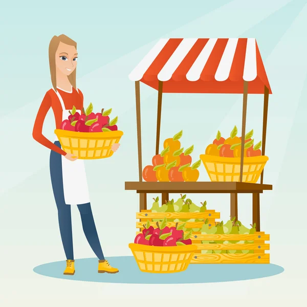 Straat verkoper met groenten en fruit. — Stockvector