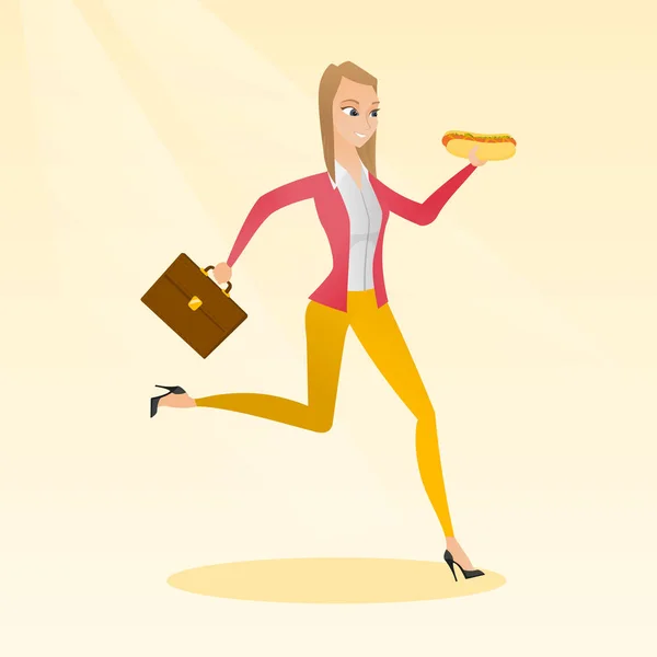 Geschäftsfrau isst Hot Dog Vektor Illustration. — Stockvektor