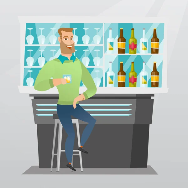 Blanke man zit in de bar teller. — Stockvector