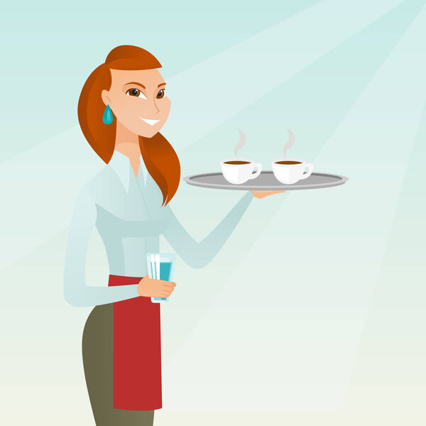 Waitress holding tray with cups of coffeee or tea.