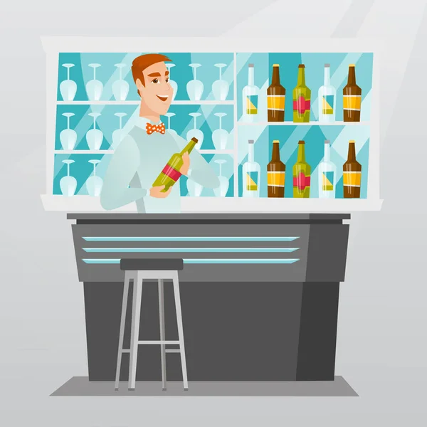 Barman staande aan de bar teller. — Stockvector