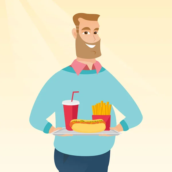 Man met lade vol fastfood. — Stockvector