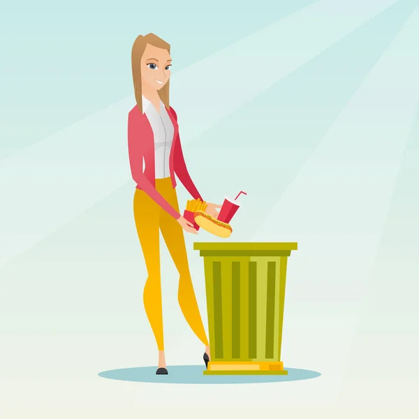 Mujer lanzando basura comida vector ilustración . — Vector de stock