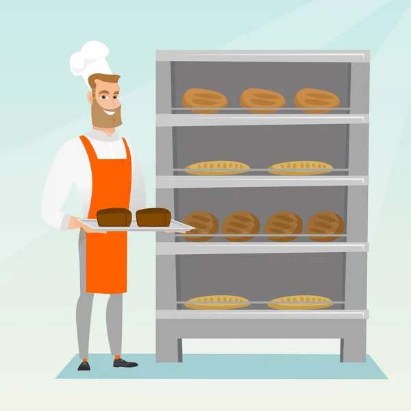 Boldog fiatal baker gazdaság egy tálca, kenyér. — Stock Vector
