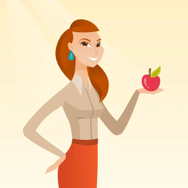 Wanita muda memegang gambar vektor apel . - Stok Vektor
