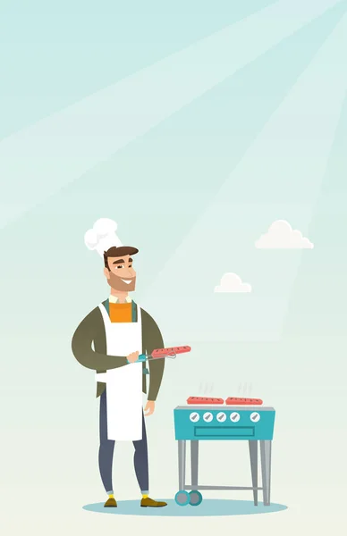 Homem cozinhando bife na churrasqueira . — Vetor de Stock