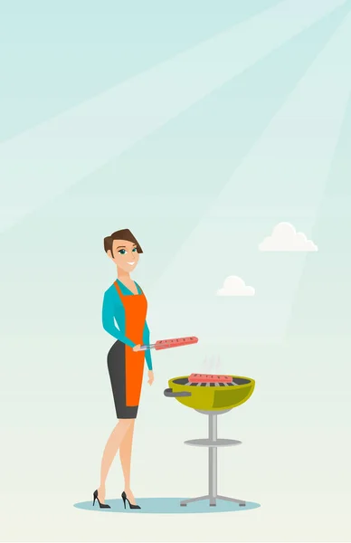 Жінка готує стейк на грилі барбекю . — стоковий вектор