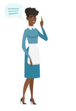 Genç Afrika süpürge ile konuşma balonu.