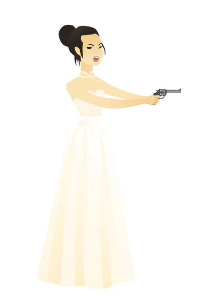 Braut im weißen Hochzeitskleid mit Handfeuerwaffe. — Stockvektor