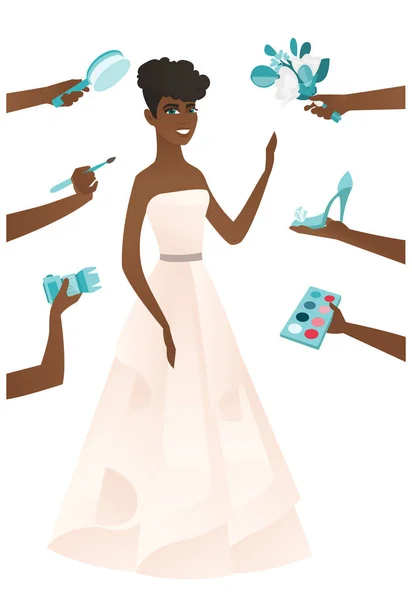 Joven novia africana en un vestido blanco . — Vector de stock