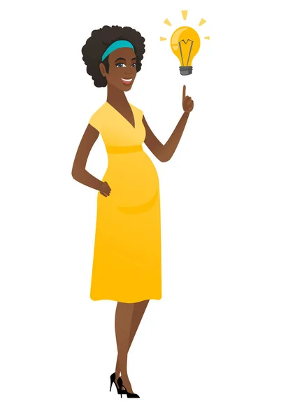 Femme enceinte pointant vers bulbe idée d'entreprise . — Image vectorielle