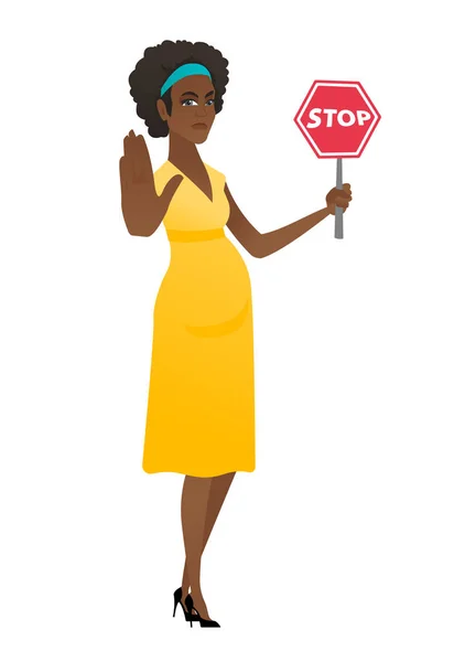 Femme enceinte africaine tenant stop panneau routier . — Image vectorielle