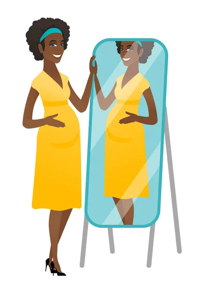 Terhes nő nézi magát a tükörben. — Stock Vector