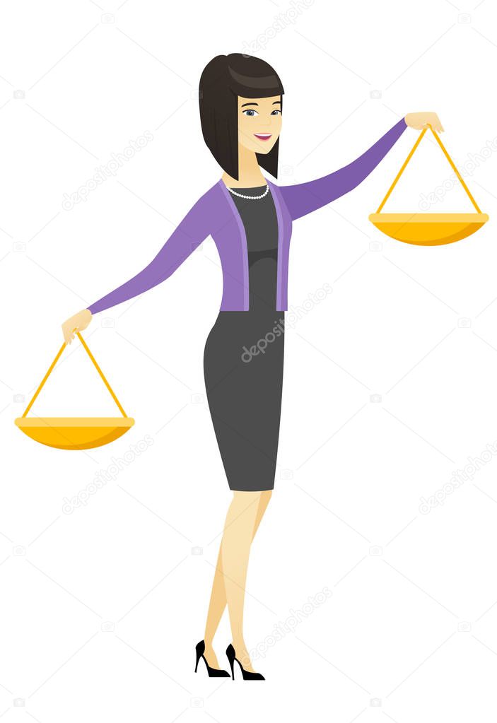 Asian business woman holding balance scale.