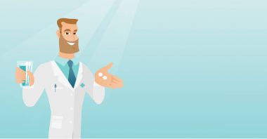 Eczacı hapları ve bir bardak su vererek.