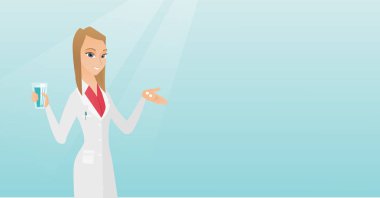 Eczacı hapları ve bir bardak su vererek.